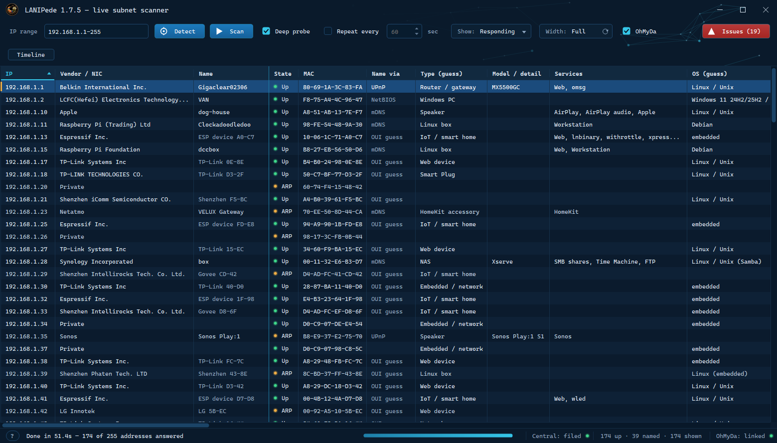 LANIPede's main grid: one row per device, with vendor, name, MAC, type, services and OS